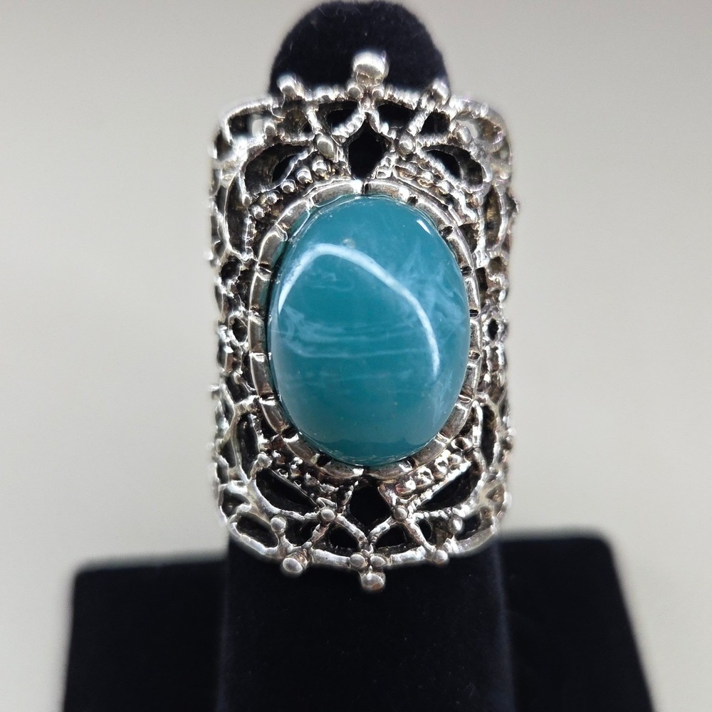 Vintage Style Teal Blue Cabochon Filigree Statement Cocktail Ring Size 7